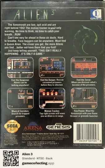 Alien 3 Sega Mega Drive / Genesis, NTSC box back