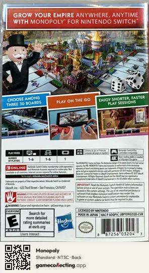 Monopoly Nintendo Switch, NTSC box back