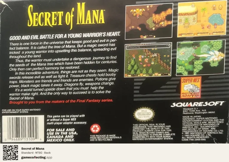 Secret of Mana Super Nintendo Entertainment System, NTSC box back