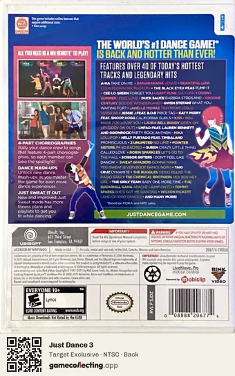 Just Dance 3 Nintendo Wii, NTSC box back
