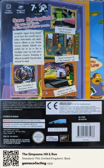 The Simpsons: Hit & Run Nintendo GameCube, United Kingdom box back