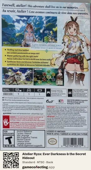 Atelier Ryza: Ever Darkness & the Secret Hideout Nintendo Switch, NTSC box back