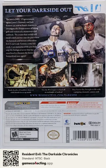 Resident Evil: The Darkside Chronicles Nintendo Wii, NTSC box back