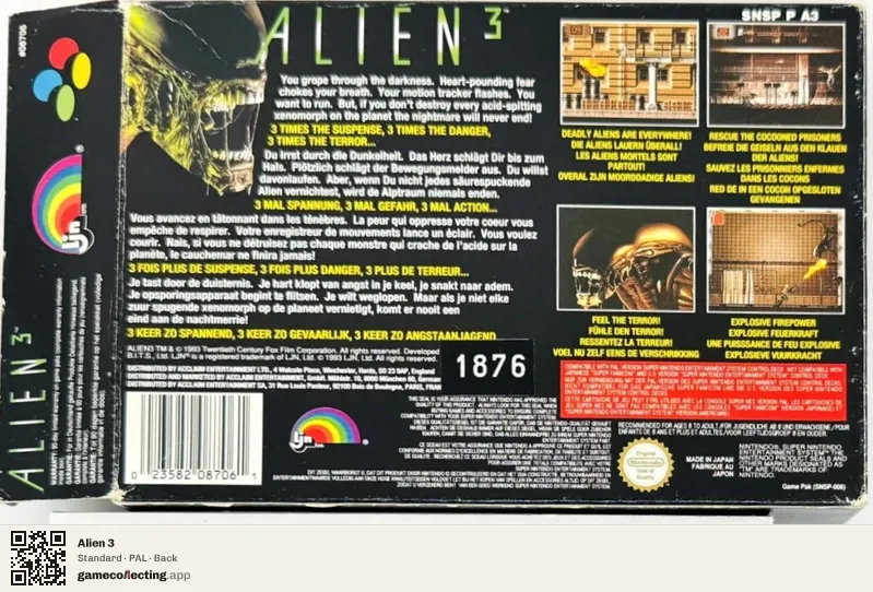 Alien 3 Super Nintendo Entertainment System, PAL box back