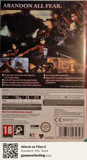 Attack on Titan 2 Nintendo Switch, PAL box back