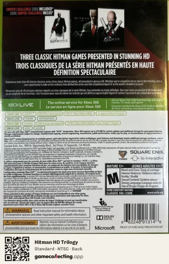 Hitman HD Trilogy Xbox 360, NTSC box back