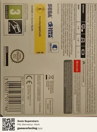 Sonic Superstars Nintendo Switch, Germany box back