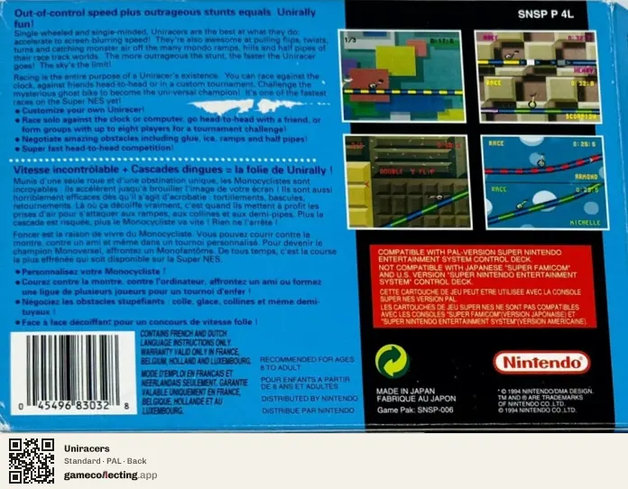 Uniracers Super Nintendo Entertainment System, PAL box back