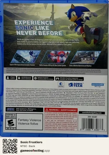 Sonic Frontiers PlayStation 5, NTSC box back