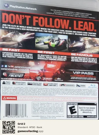 Grid 2 PlayStation 3, NTSC box back