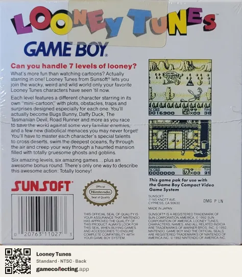 Looney Tunes Game Boy, NTSC box back