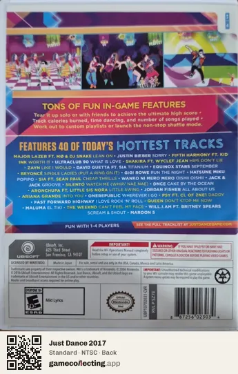 Just Dance 2017 Nintendo Wii, NTSC box back