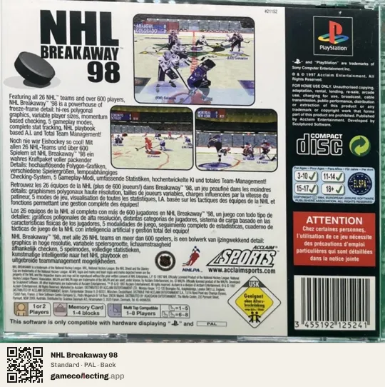 NHL Breakaway 98 PlayStation, PAL box back