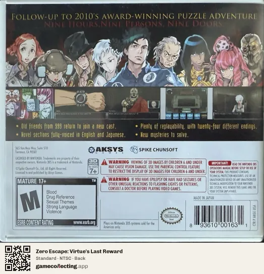 Zero Escape: Virtue's Last Reward Nintendo 3DS, NTSC box back