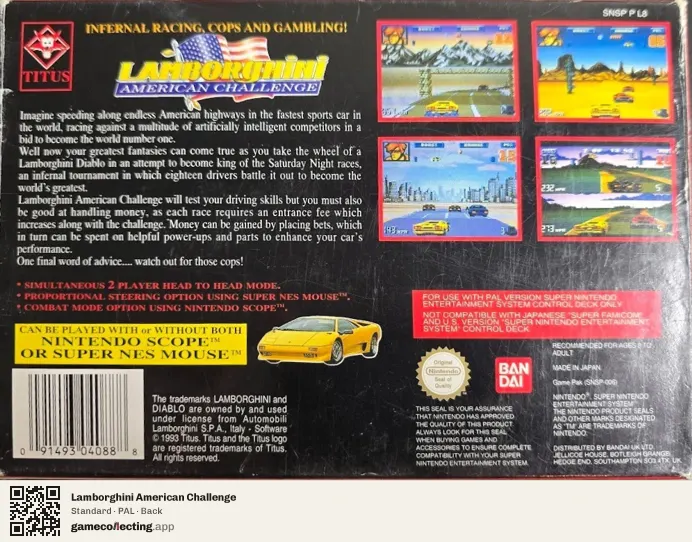 Lamborghini American Challenge Super Nintendo Entertainment System, PAL box back