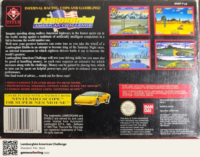 Lamborghini American Challenge Super Nintendo Entertainment System, PAL box back