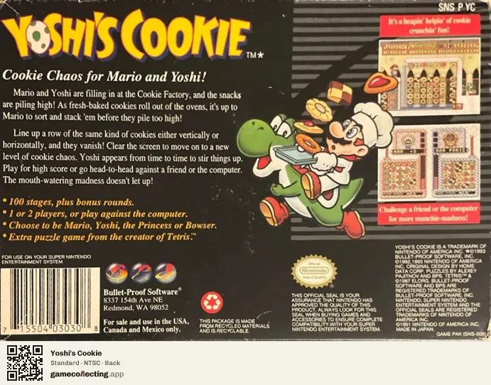 Yoshi's Cookie Super Nintendo Entertainment System, NTSC box back