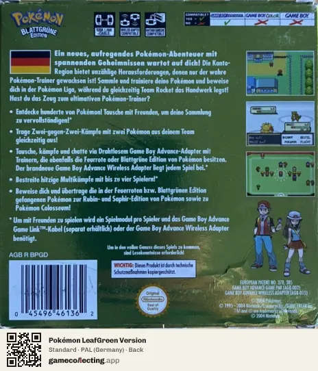Pokémon LeafGreen Version Game Boy Advance, Germany box back