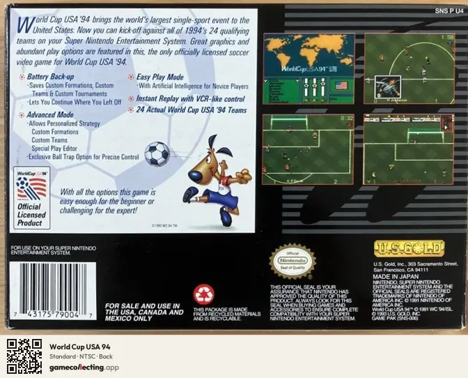 World Cup USA 94 Super Nintendo Entertainment System, NTSC box back