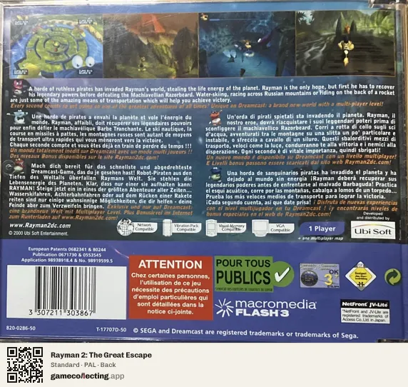 Rayman 2: The Great Escape Sega Dreamcast, PAL box back