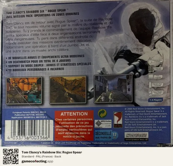 Tom Clancy's Rainbow Six: Rogue Spear Sega Dreamcast, France box back