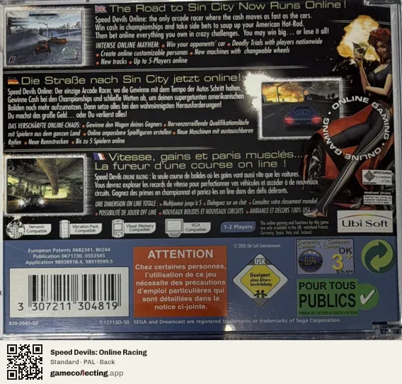 Speed Devils: Online Racing Sega Dreamcast, PAL box back