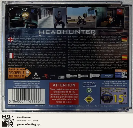 Headhunter Sega Dreamcast, PAL box back