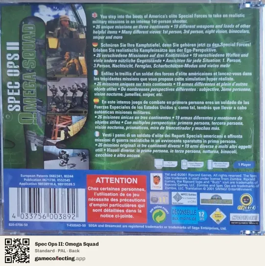 Spec Ops II: Omega Squad Sega Dreamcast, PAL box back