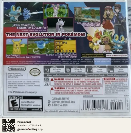 Pokémon X Nintendo 3DS, NTSC box back