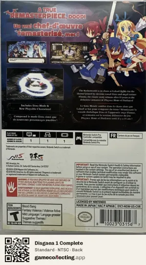 Disgaea 1 Complete Nintendo Switch, NTSC box back