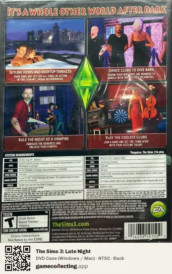 The Sims 3: Late Night Computer, NTSC box back