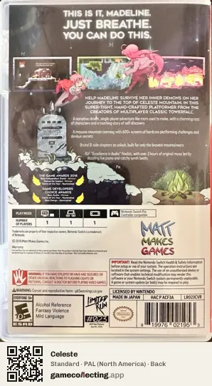 Celeste Nintendo Switch, North America box back