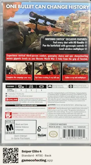 Sniper Elite 4 Nintendo Switch, NTSC box back