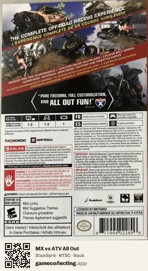MX vs ATV All Out Nintendo Switch, NTSC box back
