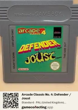 Arcade Classic No. 4: Defender / Joust Game Boy, PAL cartridge label