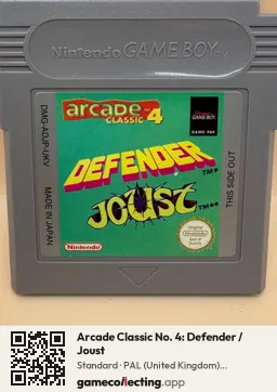 Arcade Classic No. 4: Defender / Joust Game Boy, PAL cartridge label
