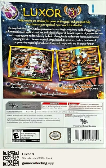 Luxor 3 Nintendo Wii, NTSC box back