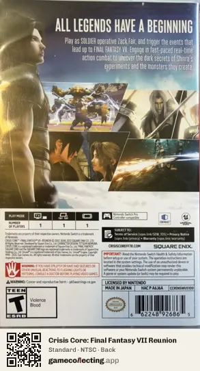 Crisis Core: Final Fantasy VII Reunion Nintendo Switch, NTSC box back