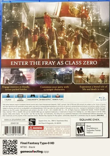 Final Fantasy Type-0 HD PlayStation 4, NTSC box back
