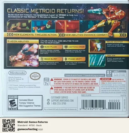 Metroid: Samus Returns Nintendo 3DS, NTSC box back