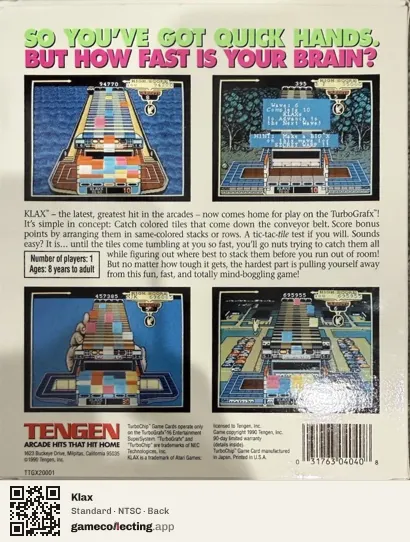 Klax TurboGrafx-16, NTSC box back