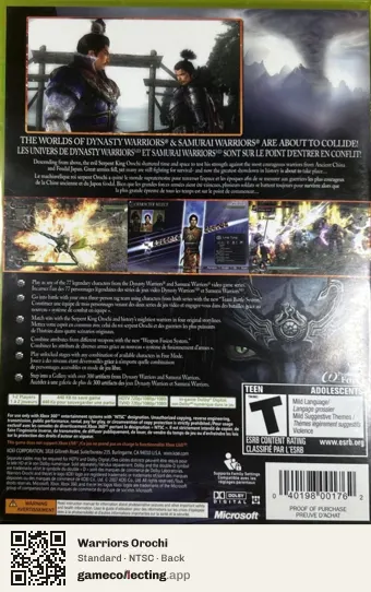 Warriors Orochi Xbox 360, NTSC box back