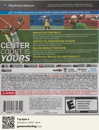 Top Spin 4 PlayStation 3, NTSC box back