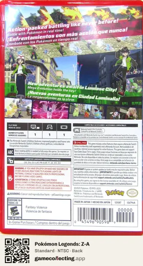 Pokémon Legends: Z-A Nintendo Switch 2, NTSC box back