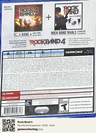 Rock Band 4 PlayStation 4, NTSC box back