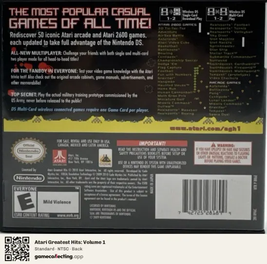 Atari Greatest Hits: Volume 1 Nintendo DS, NTSC box back