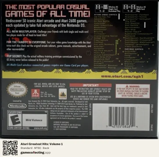 Atari Greatest Hits: Volume 1 Nintendo DS, NTSC box back