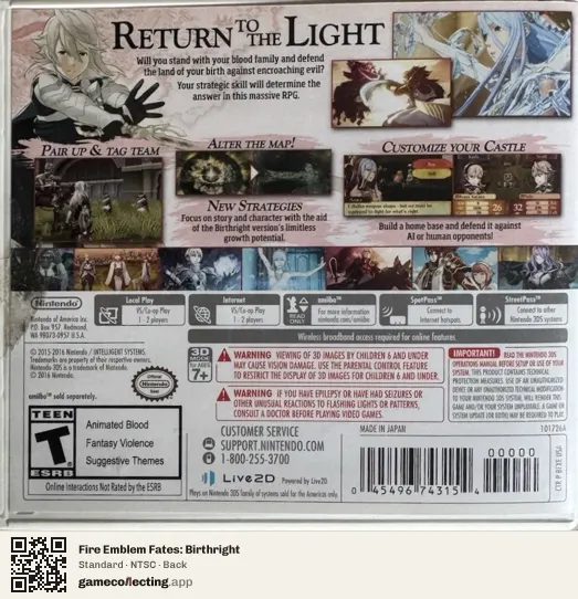 Fire Emblem Fates: Birthright Nintendo 3DS, NTSC box back