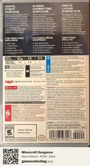 Minecraft Dungeons Nintendo Switch, NTSC box back