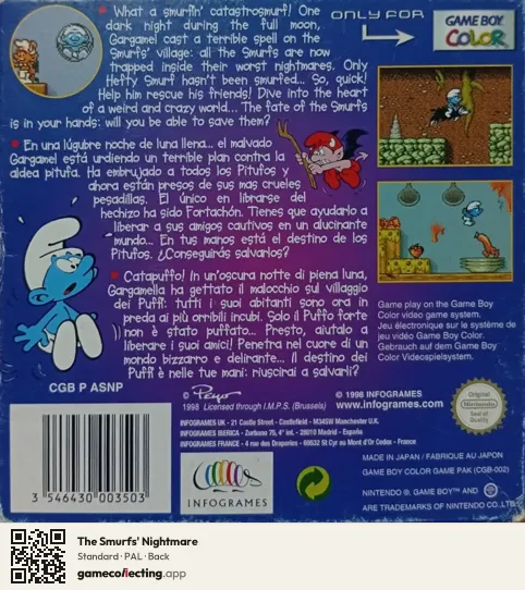 The Smurfs' Nightmare Game Boy Color, PAL box back